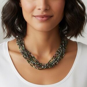 Handmade Multi Strand Green and Maroon Seed Bead Necklace